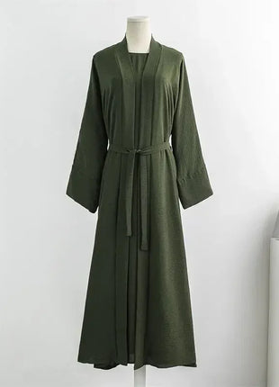 Muslim Sets Open Front Abaya+ Sleeveless Inner Dress with Belt Two Pieces Ramadan Prayer Kaftans Islamic Clothing Muslim Jilbabs