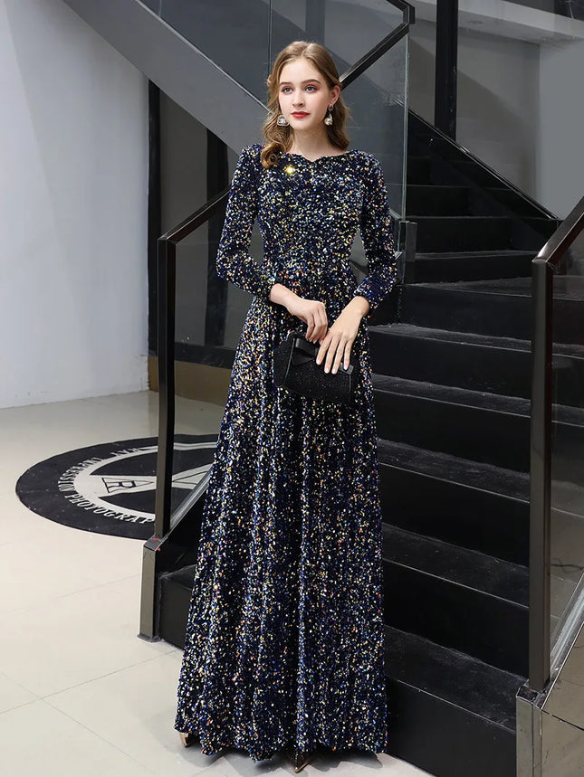 High Quality Sequined Maxi Dress Full Sleeve V Neck Evening Night Long Party Dress Sequin Prom Dresses