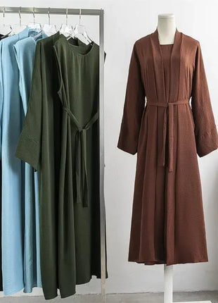 Muslim Sets Open Front Abaya+ Sleeveless Inner Dress with Belt Two Pieces Ramadan Prayer Kaftans Islamic Clothing Muslim Jilbabs