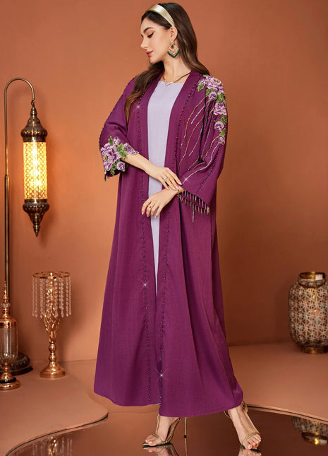 Eid Purple Floral Embroidered Open Front Abaya with Rhinestone Detailing for Saudi Dubai Festive Gatherings