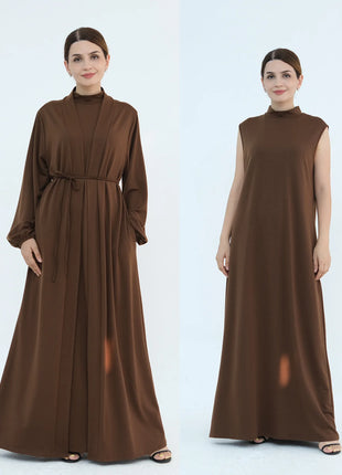 New Luxury Handmade Dubai Multi Color Modest Robe Muslim Women Turtleneck Waist Tie