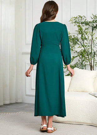 New Girls Muslim Gold Lace Embroidered Long Abaya with Square Neck Puff Sleeves Emerald Green Islamic Kids Clothing