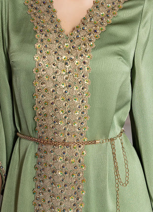 Women's Wholesale Olive Green Kaftan Gold Beaded Embroidery Elegant Formal Maxi Dress