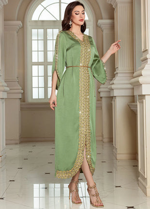 Women's Wholesale Olive Green Kaftan Gold Beaded Embroidery Elegant Formal Maxi Dress