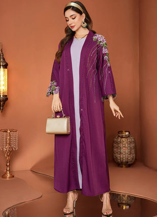 Eid Purple Floral Embroidered Open Front Abaya with Rhinestone Detailing for Saudi Dubai Festive Gatherings