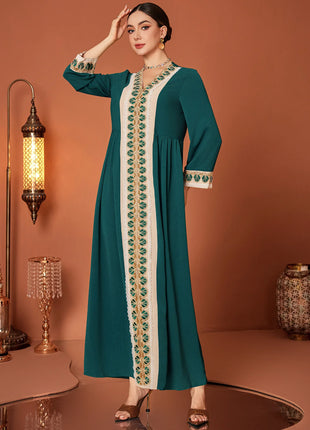 ZF4090 Dark Green Apricot Vintage Beaded Lace Trim High-End Polyester Abaya Elegant Middle Eastern Dress for Summer Autumn Eid