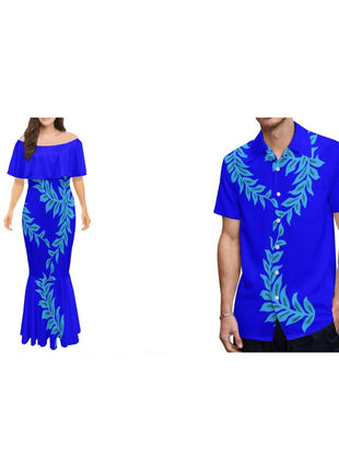 Wholesale Custom Half Shoulder Fishtail Dresses Shawl Mermaid Dress Long Women Evening Dress Match Mens Shirt Couples Clothing