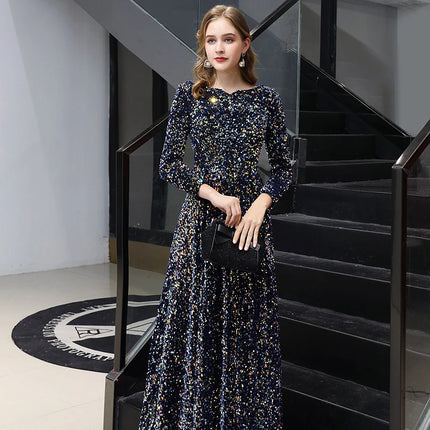 High Quality Sequined Maxi Dress Full Sleeve V Neck Evening Night Long Party Dress Sequin Prom Dresses