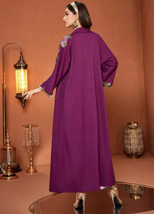 Eid Purple Floral Embroidered Open Front Abaya with Rhinestone Detailing for Saudi Dubai Festive Gatherings