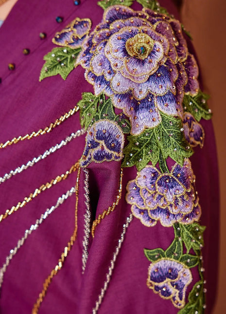 Eid Purple Floral Embroidered Open Front Abaya with Rhinestone Detailing for Saudi Dubai Festive Gatherings