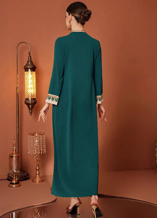 ZF4090 Dark Green Apricot Vintage Beaded Lace Trim High-End Polyester Abaya Elegant Middle Eastern Dress for Summer Autumn Eid