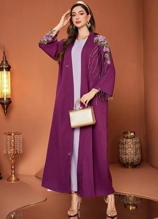 Eid Purple Floral Embroidered Open Front Abaya with Rhinestone Detailing for Saudi Dubai Festive Gatherings