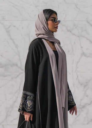 2025 Luxury Black Stylish Open Abaya Embroidered Sleeves Kimono Abaya Quality Polyester Fashion Islamic Clothing