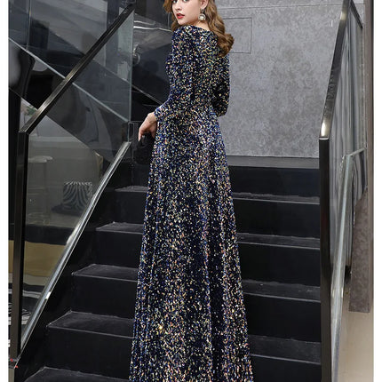 High Quality Sequined Maxi Dress Full Sleeve V Neck Evening Night Long Party Dress Sequin Prom Dresses