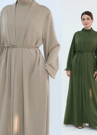 New Luxury Handmade Dubai Multi Color Modest Robe Muslim Women Turtleneck Waist Tie