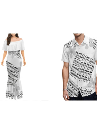 Wholesale Custom Half Shoulder Fishtail Dresses Shawl Mermaid Dress Long Women Evening Dress Match Mens Shirt Couples Clothing