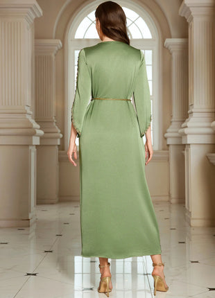 Women's Wholesale Olive Green Kaftan Gold Beaded Embroidery Elegant Formal Maxi Dress