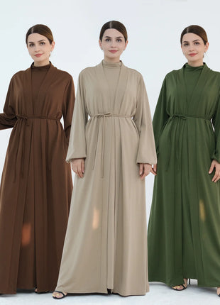 New Luxury Handmade Dubai Multi Color Modest Robe Muslim Women Turtleneck Waist Tie