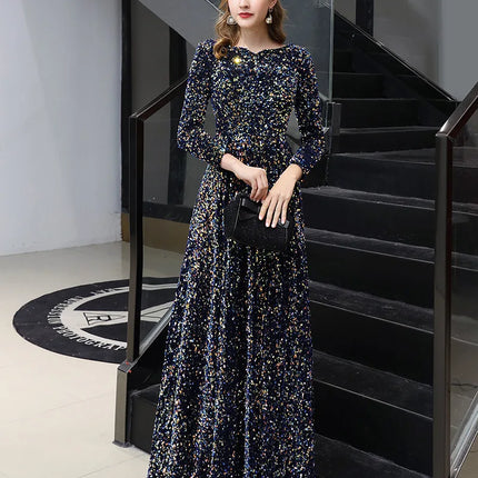High Quality Sequined Maxi Dress Full Sleeve V Neck Evening Night Long Party Dress Sequin Prom Dresses