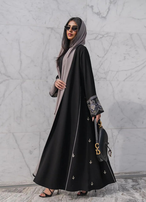 2025 Luxury Black Stylish Open Abaya Embroidered Sleeves Kimono Abaya Quality Polyester Fashion Islamic Clothing