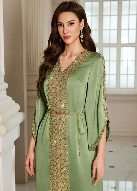 Women's Wholesale Olive Green Kaftan Gold Beaded Embroidery Elegant Formal Maxi Dress