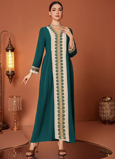 ZF4090 Dark Green Apricot Vintage Beaded Lace Trim High-End Polyester Abaya Elegant Middle Eastern Dress for Summer Autumn Eid