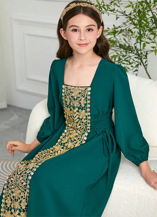 New Girls Muslim Gold Lace Embroidered Long Abaya with Square Neck Puff Sleeves Emerald Green Islamic Kids Clothing
