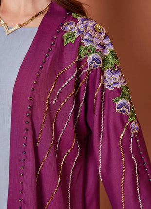 Eid Purple Floral Embroidered Open Front Abaya with Rhinestone Detailing for Saudi Dubai Festive Gatherings