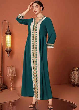 ZF4090 Dark Green Apricot Vintage Beaded Lace Trim High-End Polyester Abaya Elegant Middle Eastern Dress for Summer Autumn Eid