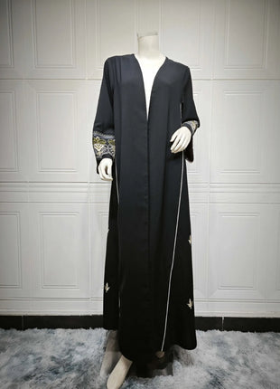 2025 Luxury Black Stylish Open Abaya Embroidered Sleeves Kimono Abaya Quality Polyester Fashion Islamic Clothing