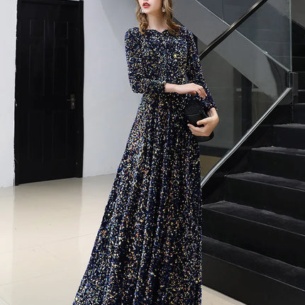 High Quality Sequined Maxi Dress Full Sleeve V Neck Evening Night Long Party Dress Sequin Prom Dresses