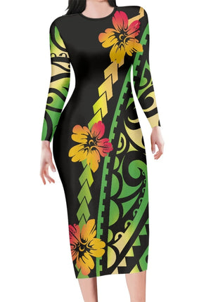 Polynesia Tribal Tropical Hawaiian Design Micronesia Long Dress Pacific Custom Digital Print Polyester Floral Print Pencil Dress