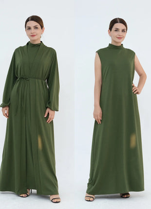 New Luxury Handmade Dubai Multi Color Modest Robe Muslim Women Turtleneck Waist Tie