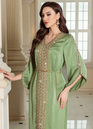 Women's Wholesale Olive Green Kaftan Gold Beaded Embroidery Elegant Formal Maxi Dress