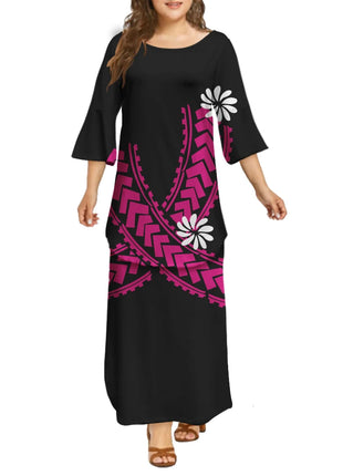 Dola Xiamen Culture Media Black Red Tonga Puletasi Dresses Ptaha Three-quarter Bell Sleeves Plus Size Samoan Dresses 2 Piece