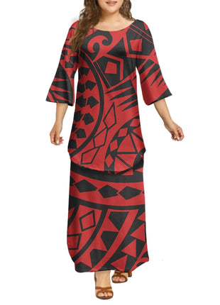 Dola Xiamen Culture Media Black Red Tonga Puletasi Dresses Ptaha Three-quarter Bell Sleeves Plus Size Samoan Dresses 2 Piece