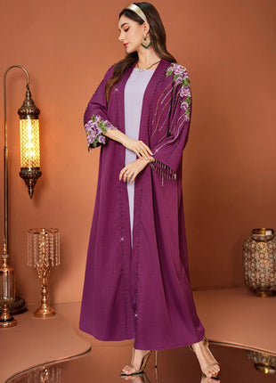 Eid Purple Floral Embroidered Open Front Abaya with Rhinestone Detailing for Saudi Dubai Festive Gatherings