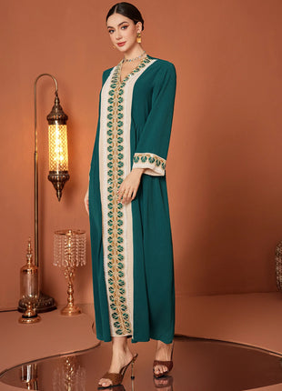 ZF4090 Dark Green Apricot Vintage Beaded Lace Trim High-End Polyester Abaya Elegant Middle Eastern Dress for Summer Autumn Eid