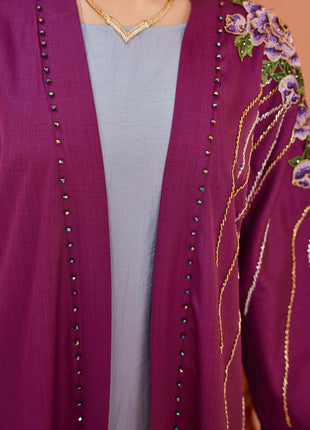 Eid Purple Floral Embroidered Open Front Abaya with Rhinestone Detailing for Saudi Dubai Festive Gatherings