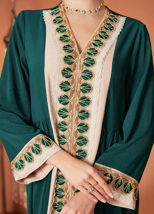ZF4090 Dark Green Apricot Vintage Beaded Lace Trim High-End Polyester Abaya Elegant Middle Eastern Dress for Summer Autumn Eid