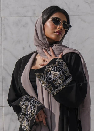 2025 Luxury Black Stylish Open Abaya Embroidered Sleeves Kimono Abaya Quality Polyester Fashion Islamic Clothing