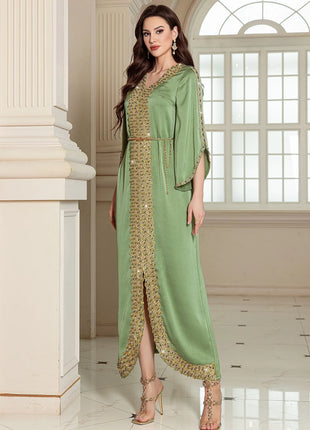 Women's Wholesale Olive Green Kaftan Gold Beaded Embroidery Elegant Formal Maxi Dress