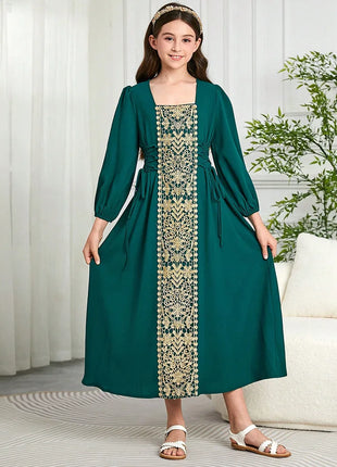 New Girls Muslim Gold Lace Embroidered Long Abaya with Square Neck Puff Sleeves Emerald Green Islamic Kids Clothing