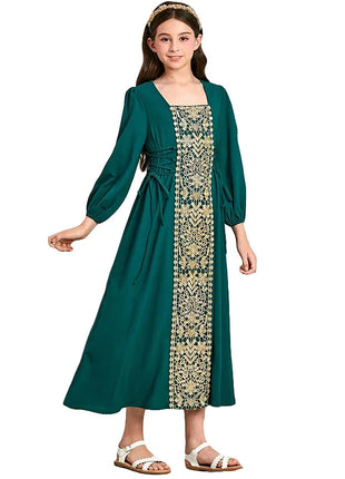 New Girls Muslim Gold Lace Embroidered Long Abaya with Square Neck Puff Sleeves Emerald Green Islamic Kids Clothing
