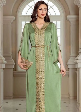 Women's Wholesale Olive Green Kaftan Gold Beaded Embroidery Elegant Formal Maxi Dress