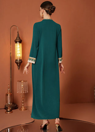 ZF4090 Dark Green Apricot Vintage Beaded Lace Trim High-End Polyester Abaya Elegant Middle Eastern Dress for Summer Autumn Eid