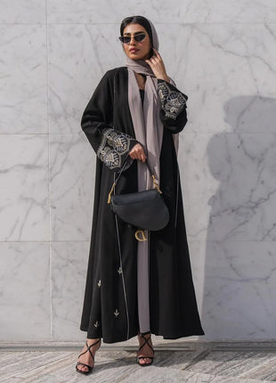 2025 Luxury Black Stylish Open Abaya Embroidered Sleeves Kimono Abaya Quality Polyester Fashion Islamic Clothing