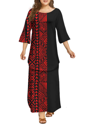 Dola Xiamen Culture Media Black Red Tonga Puletasi Dresses Ptaha Three-quarter Bell Sleeves Plus Size Samoan Dresses 2 Piece