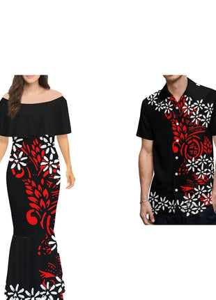 Wholesale Custom Half Shoulder Fishtail Dresses Shawl Mermaid Dress Long Women Evening Dress Match Mens Shirt Couples Clothing