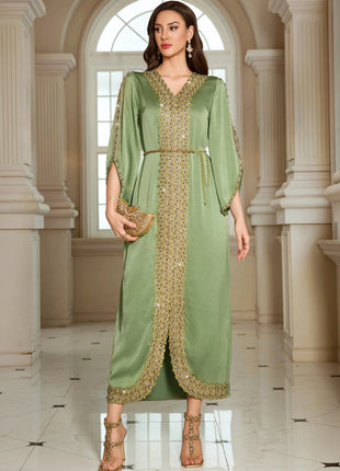 Women's Wholesale Olive Green Kaftan Gold Beaded Embroidery Elegant Formal Maxi Dress